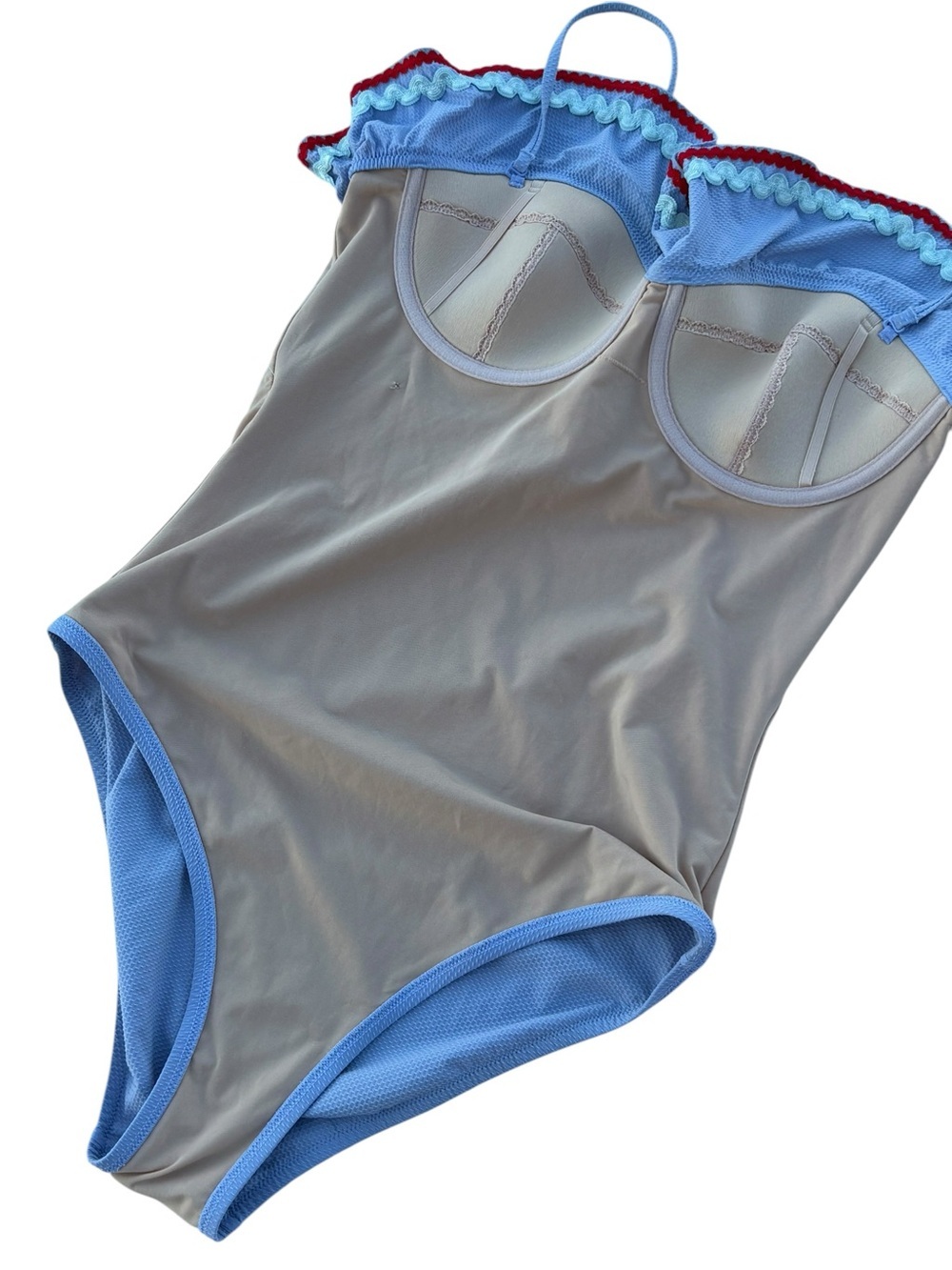 J.Crew Ruffle One Piece Swimsuit Size 8 Blue Ric Rac Trim Underwire - Picture 9 of 13
